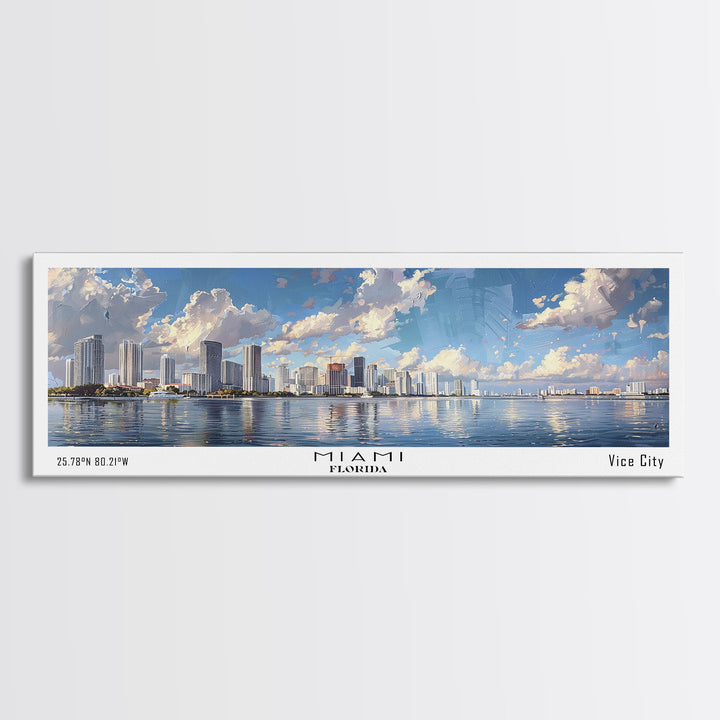 Miami Florida Panoramic Framed Canvas Print, Stunning Watercolor Cityscape, Office Wall Art, Travel Poster, Living Room Decor, City Art