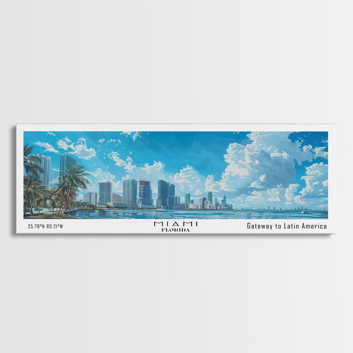 Miami Florida Panoramic Framed Canvas Print, Watercolor Painting, Office Wall Decor, Travel Poster, Home Decor, City Art, Gift Idea
