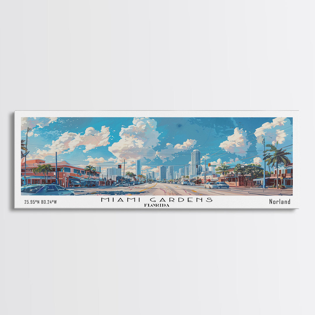 Miami Gardens Florida Panoramic Framed Canvas Print, Beautiful Watercolor City Art, Office Wall Decor, Travel Poster, Living Room Decor