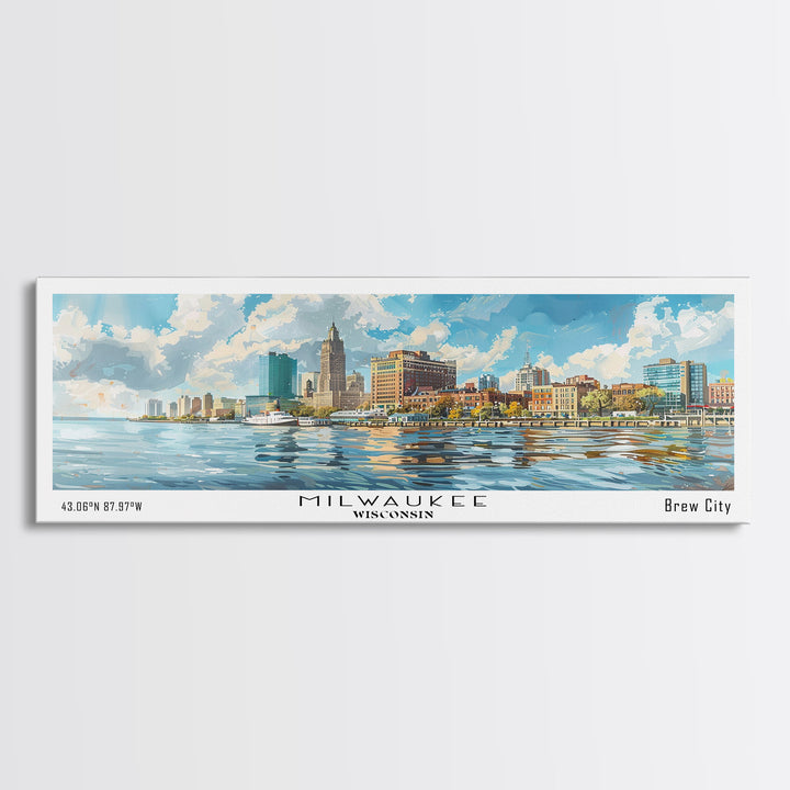 Milwaukee Wisconsin Panoramic Framed Canvas Print, Watercolor Cityscape, Perfect Office Wall Art, Travel Poster, Living Room Decor