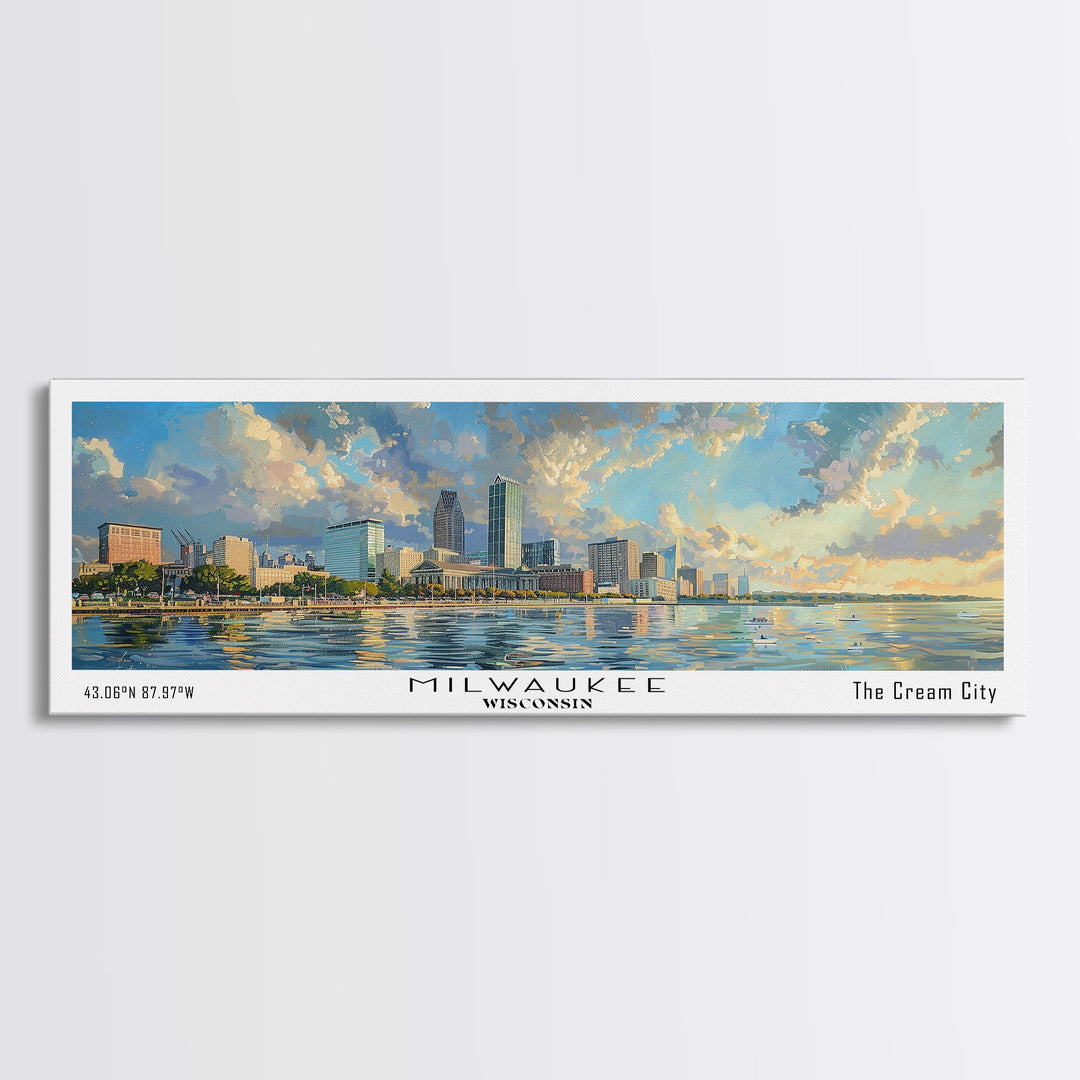 Milwaukee Wisconsin Panoramic Framed Canvas Print, Beautiful Watercolor Painting, Office Wall Art, Travel Poster, Home Decor, City Art