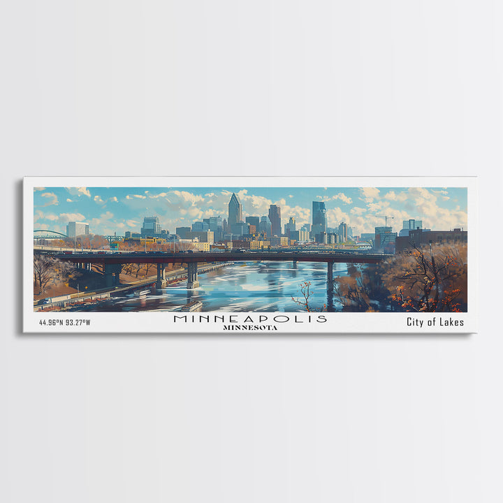 Minneapolis Minnesota Panoramic Framed Canvas Print, Stunning Watercolor City Art, Office Wall Decor, Travel Poster, Living Room Decor