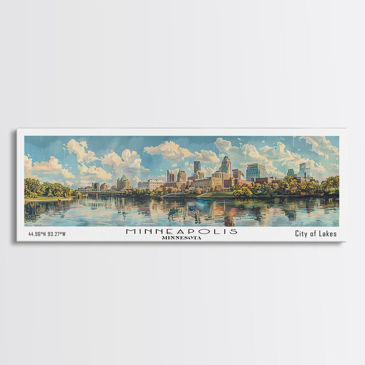Minneapolis Minnesota Panoramic Framed Canvas Print, Watercolor Painting, Office Wall Art, Travel Poster, Home Decor, City Art