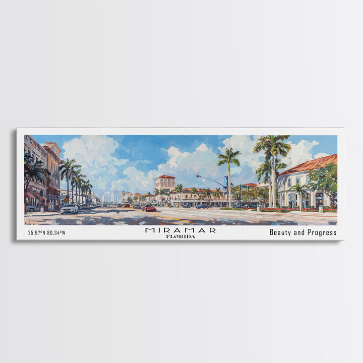 Miramar Florida Panoramic Framed Canvas Print, Beautiful Watercolor Cityscape, Office Wall Art, Travel Poster, Living Room Decor, City Art