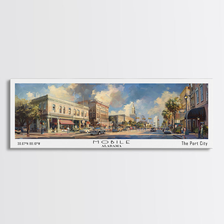 Mobile Alabama Panoramic Framed Canvas Print, Stunning Watercolor Painting, Office Wall Art, Travel Poster, Home Decor, City Art