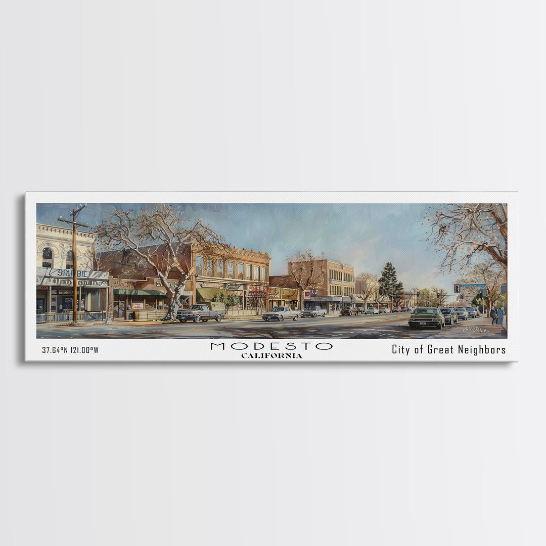 Modesto California Panoramic Framed Canvas Print, Beautiful Watercolor Painting, Office Wall Art, Travel Poster, Living Room Decor, City Art