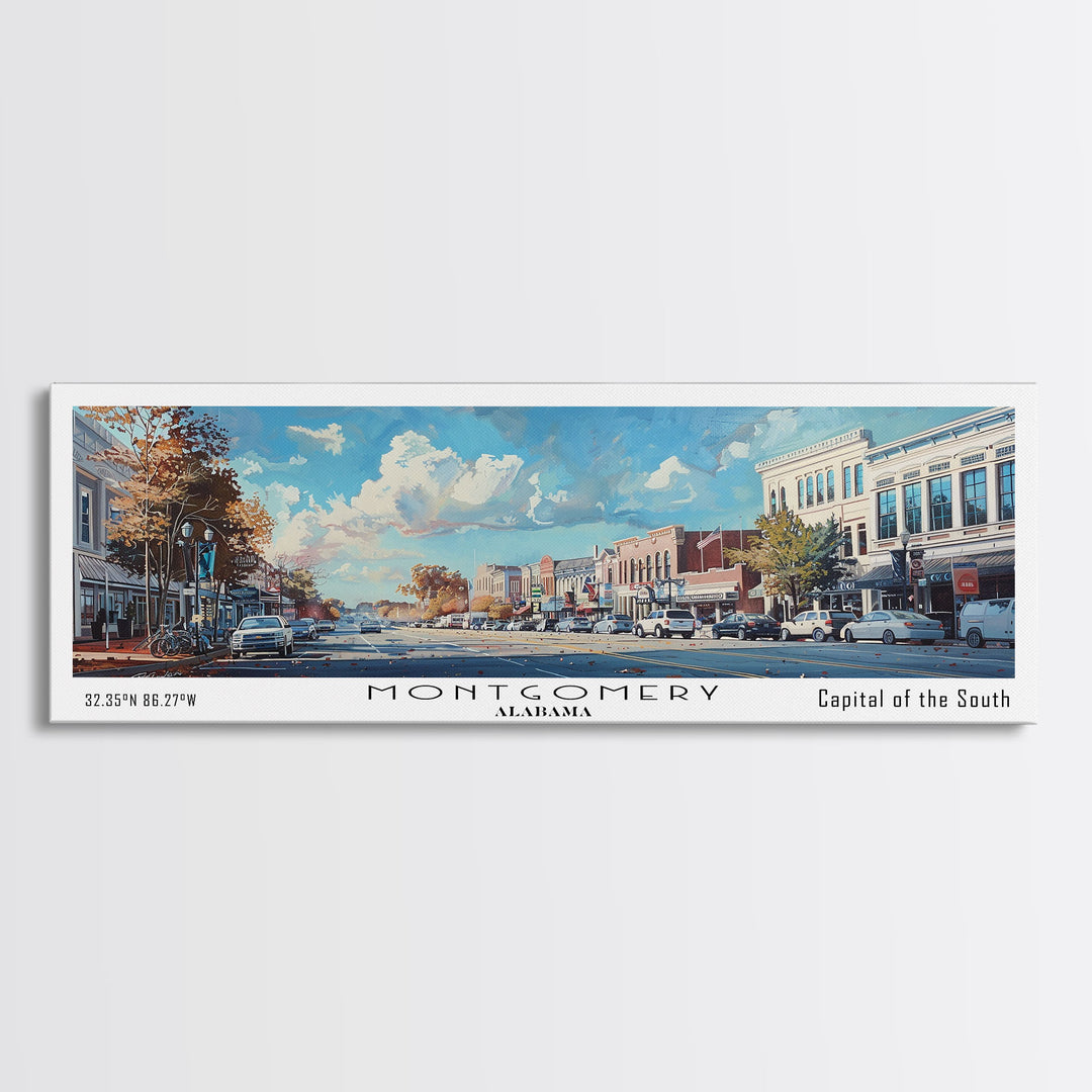 Montgomery Alabama Panoramic Framed Canvas Print, Stunning Watercolor Painting, Office Wall Art, Travel Poster, Home Decor, City Art
