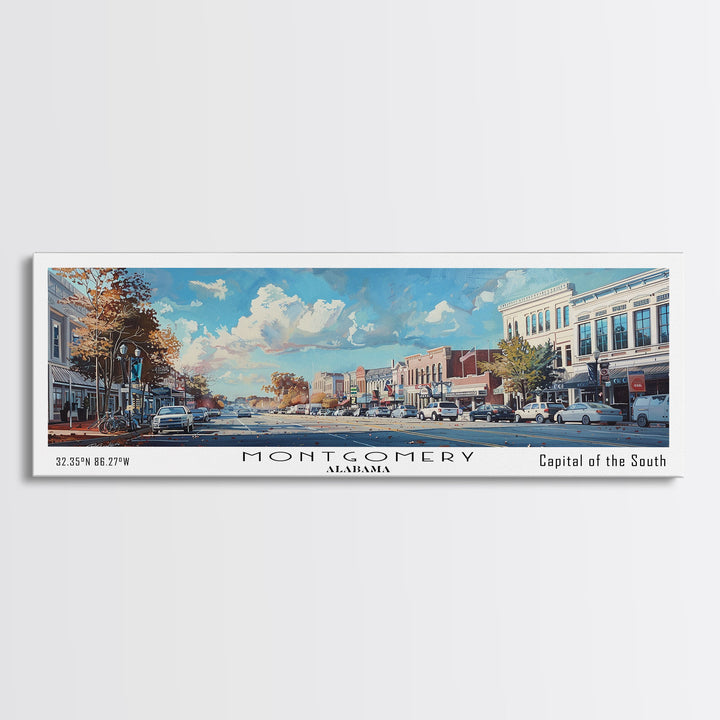 Montgomery Alabama Panoramic Framed Canvas Print, Stunning Watercolor Painting, Office Wall Art, Travel Poster, Home Decor, City Art