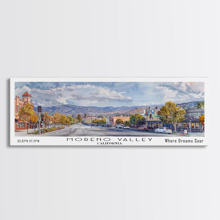 Moreno Valley California Panoramic Framed Canvas Print, Watercolor Cityscape, Office Wall Art, Travel Poster, Living Room Decor, City Art