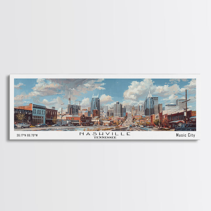 Nashville Tennessee Panoramic Framed Canvas Print, Stunning Watercolor Painting, Office Wall Art, Travel Poster, Home Decor, City Art