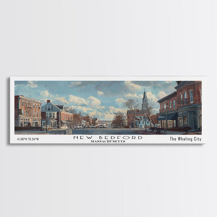 New Bedford Massachusetts Panoramic Framed Canvas Print, Stunning Watercolor Cityscape, Office Wall Art, Travel Poster, Home Decor