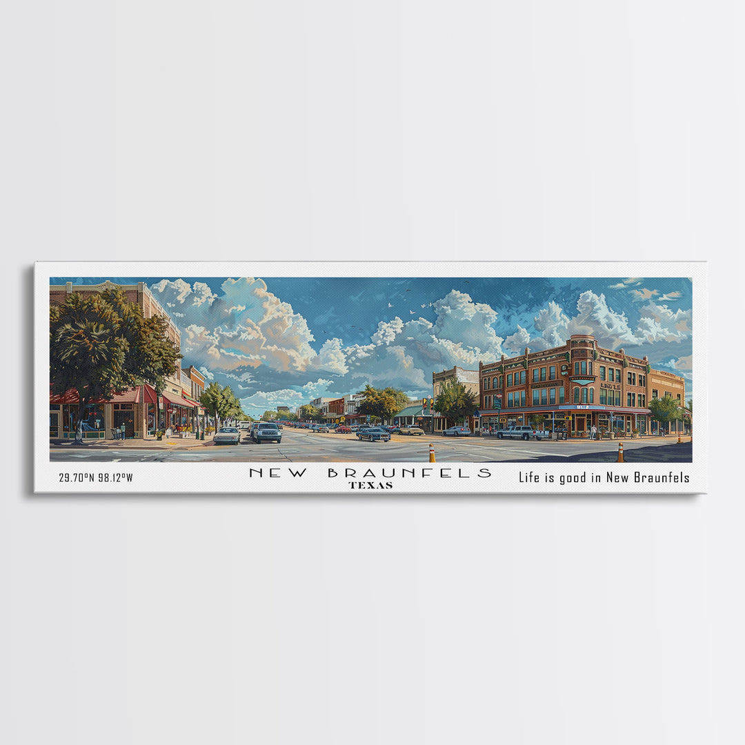 New Braunfels Texas Panoramic Framed Canvas Print, Watercolor City Art, Office Wall Decor, Travel Poster, Living Room Decor