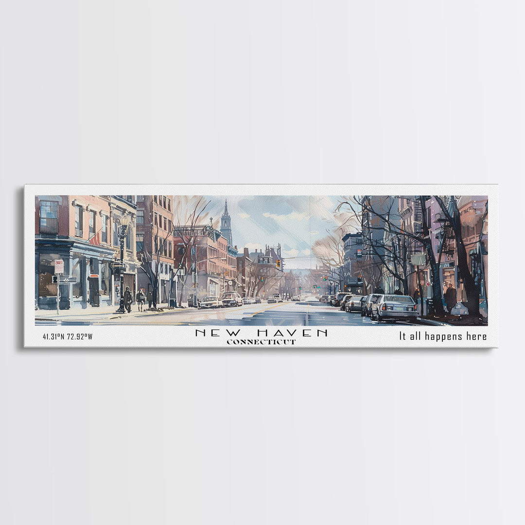 New Haven Connecticut Panoramic Framed Canvas Print, Stunning Watercolor Painting, Office Wall Art, Travel Poster, Home Decor