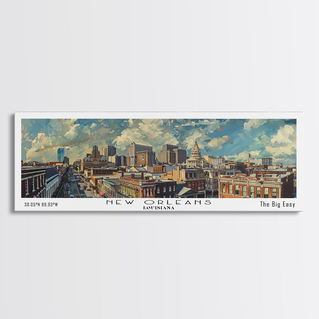 New Orleans Louisiana Panoramic Painting, Framed Canvas Print for Home Decor, Unique Watercolor Art, Travel Poster, Cityscape Gift Idea