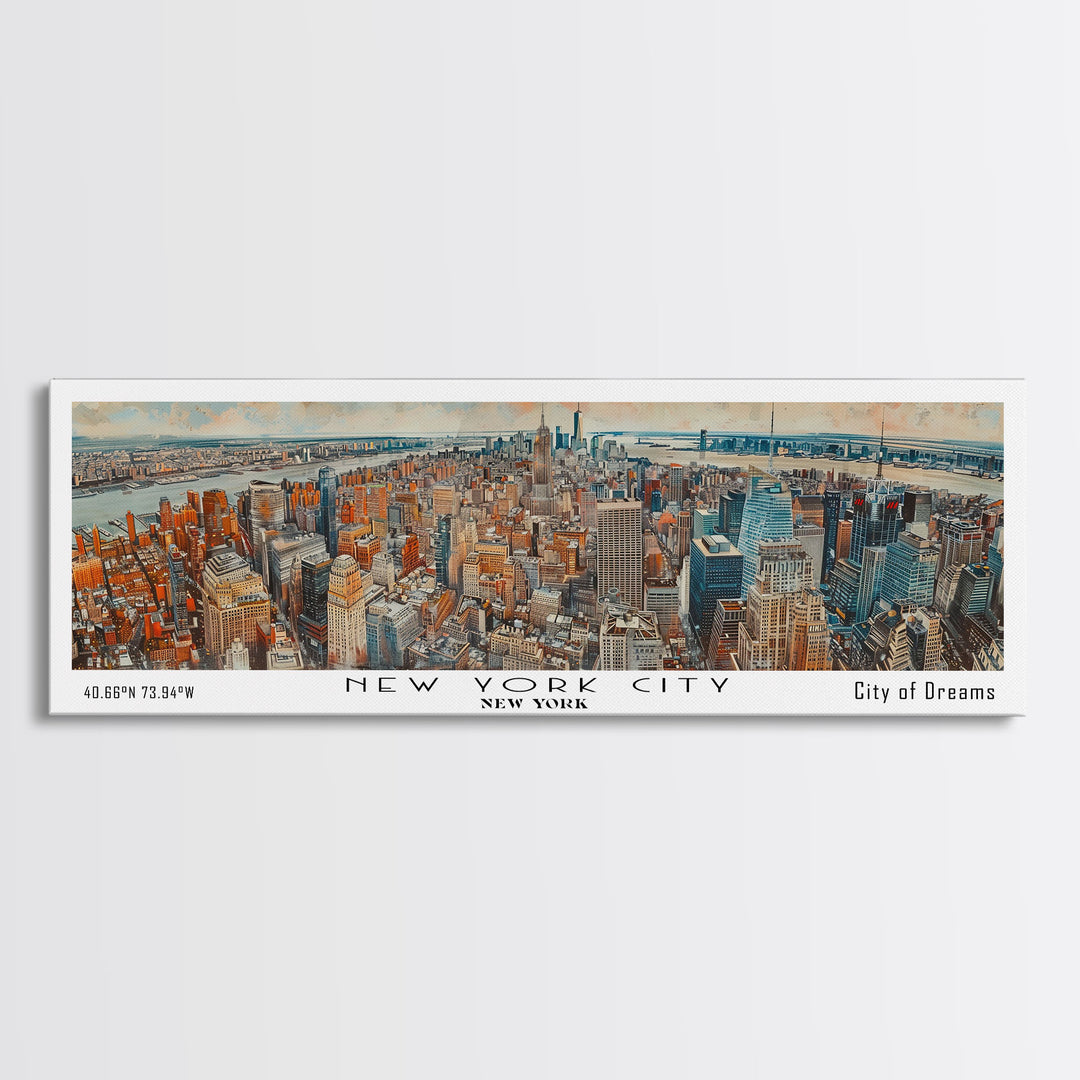New York New York Panoramic Framed Canvas Print, Watercolor Painting of Cityscape, Home Decor, Travel Poster, Gift Idea for Urban Art Lovers