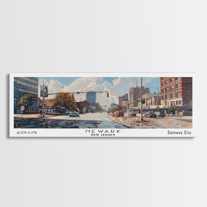 Newark New Jersey Panoramic Framed Canvas Print, Beautiful Watercolor Painting, Office Wall Art, Travel Poster, Home Decor, City Art