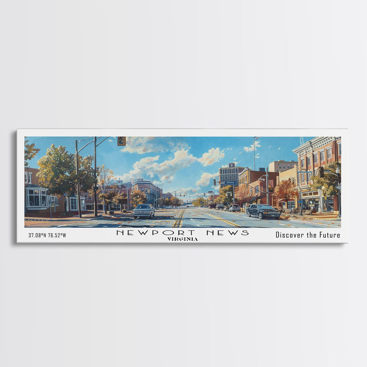 Newport News Virginia Panoramic Wall Art, Framed Canvas Print, Beautiful Cityscape Watercolor Painting, Travel Poster, Modern Home Decor
