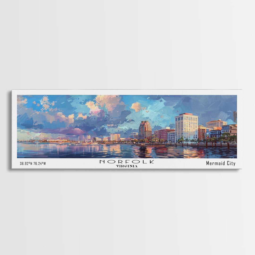 Norfolk Virginia Panoramic Framed Canvas Print, Cityscape Watercolor Painting, Modern Wall Art for Home Decor, Travel Poster, Urban Gift Idea
