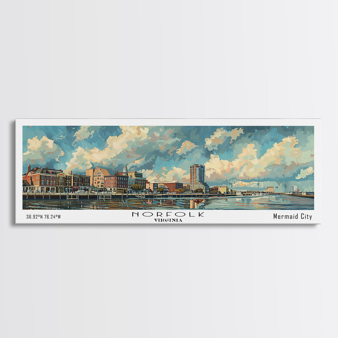 Norfolk Virginia Panoramic Painting, Framed Canvas Print for Office Wall Art, Watercolor Cityscape, Travel Poster, Beautiful Home Decor