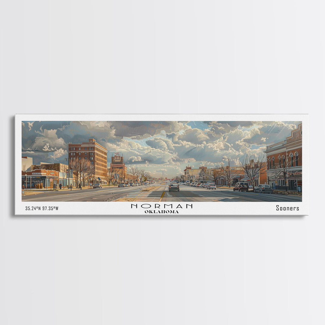 Norman Oklahoma Panoramic Framed Canvas Print, Cityscape Watercolor Painting, Travel Poster for Home Decor, Modern Wall Art, Unique Gift Idea