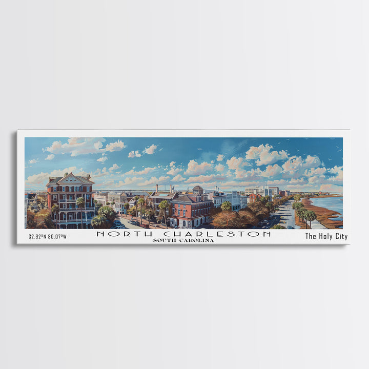 North Charleston South Carolina Panoramic Painting, Framed Canvas Print, Watercolor Cityscape Art, Travel Poster for Living Room, Home Decor