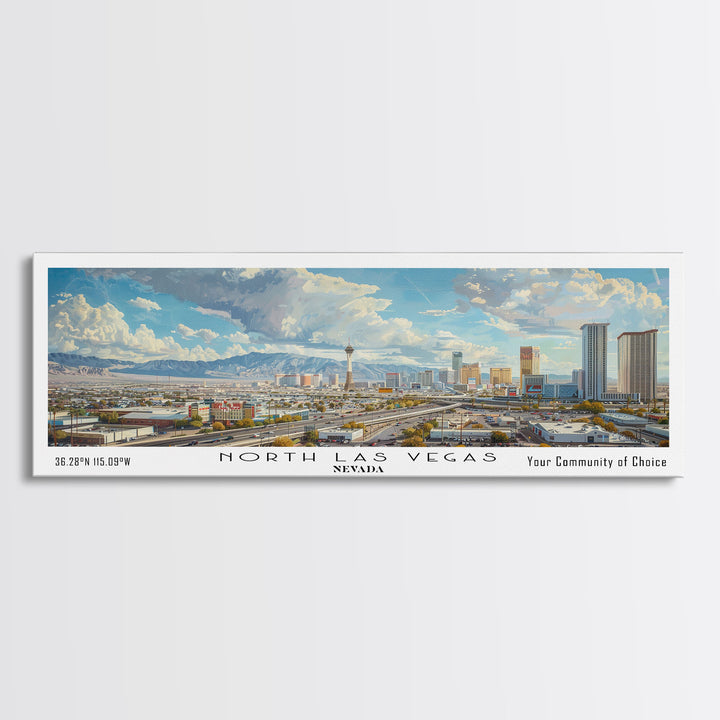 North Las Vegas Nevada Panoramic Framed Canvas Print, Cityscape Watercolor Painting, Travel Poster, Modern Home Decor, Unique Gift Idea