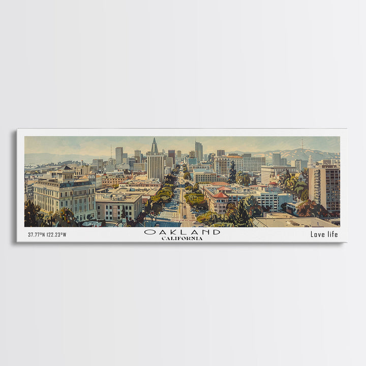 Oakland California Panoramic Wall Art, Framed Canvas Print, Stunning Watercolor Cityscape, Travel Poster, Modern Home Decor, Unique Gift