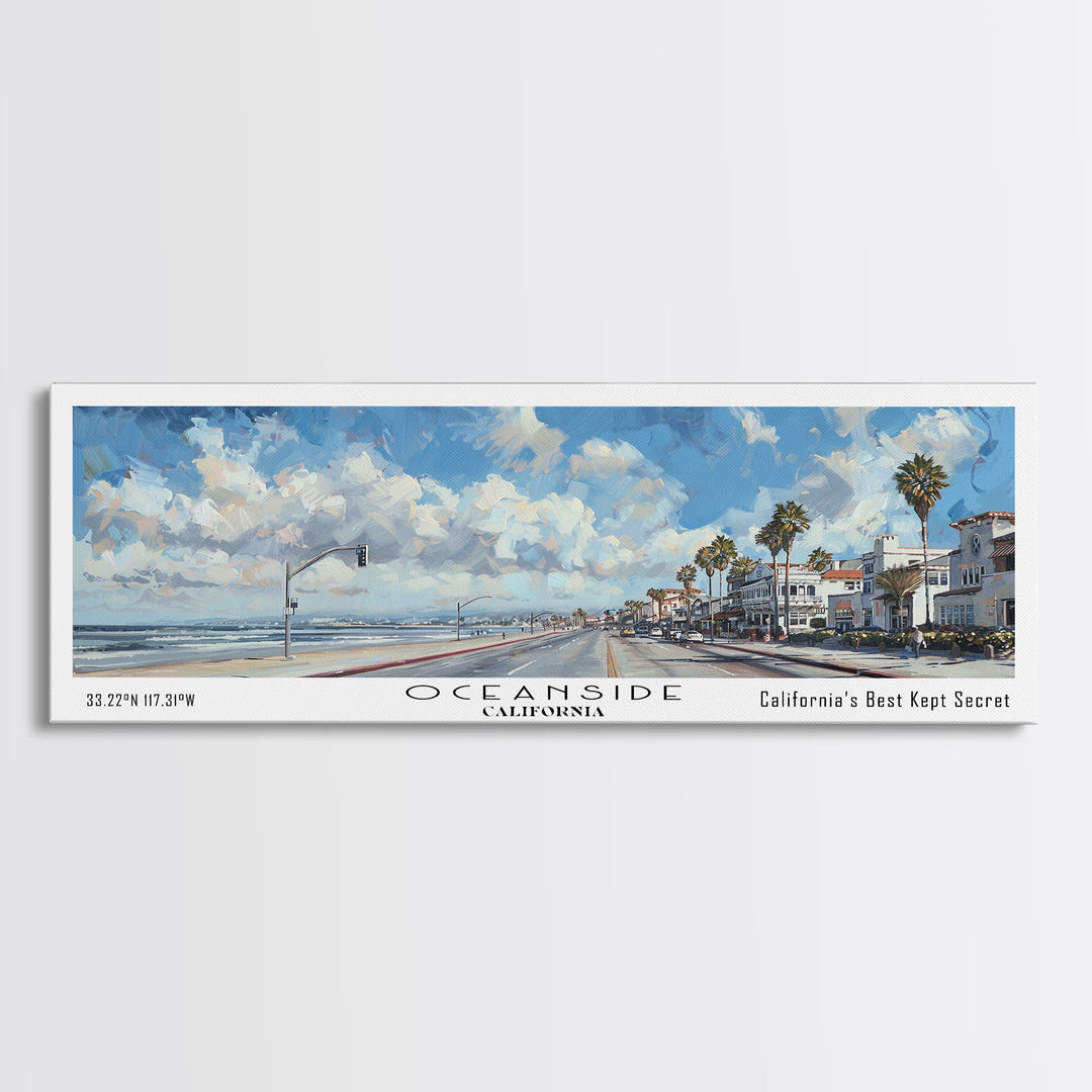 Oceanside California Panoramic Framed Canvas Print, Watercolor Cityscape Art, Travel Poster, Home Decor, Urban Gift Idea, Living Room Art