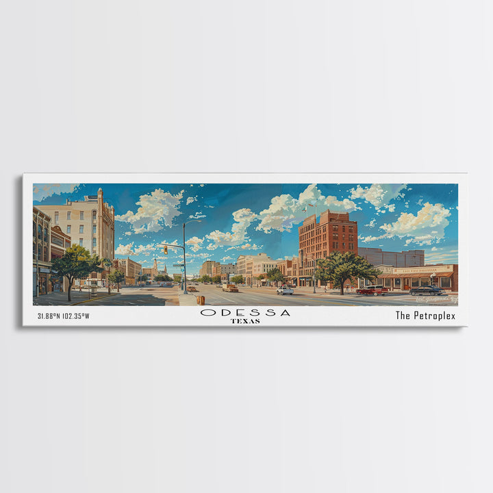 Odessa Texas Panoramic Painting, Framed Canvas Print for Home Decor, Beautiful Cityscape Watercolor Art, Travel Poster, Modern Gift Idea