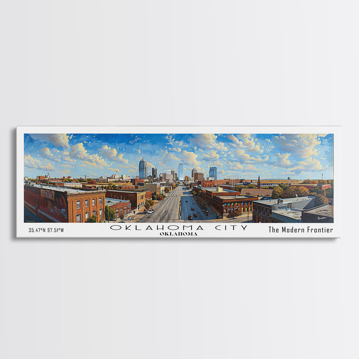 Oklahoma City Oklahoma Panoramic Framed Canvas Print, Cityscape Watercolor Painting, Travel Poster, Home Decor, Unique Gift Idea, Urban Art
