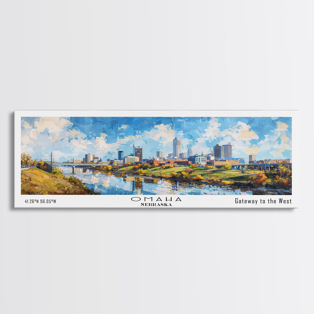 Omaha Nebraska Panoramic Framed Canvas Print, Cityscape Watercolor Painting, Travel Poster, Home Decor, Urban Gift Idea, Office Wall Art