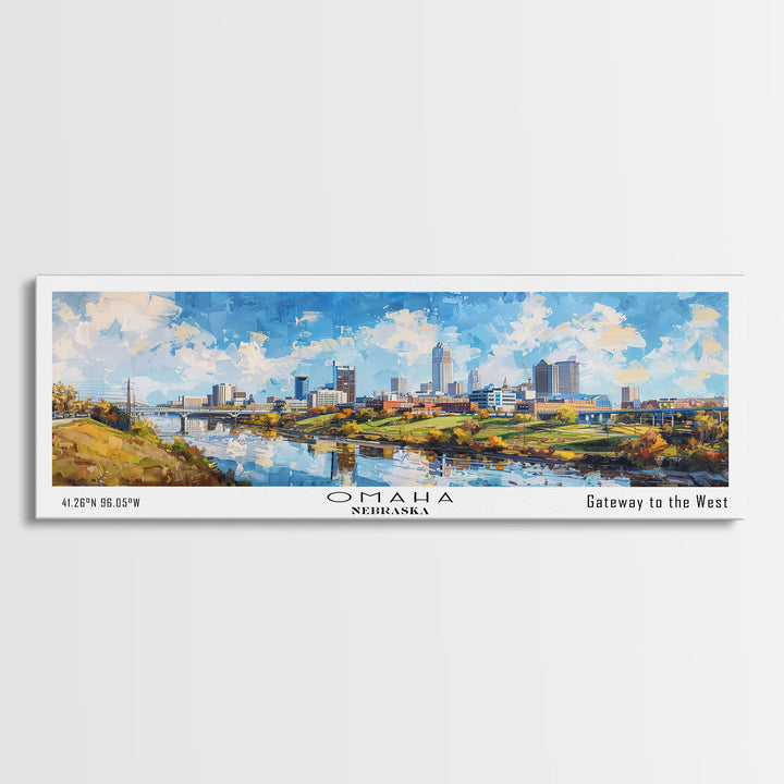 Omaha Nebraska Panoramic Framed Canvas Print, Cityscape Watercolor Painting, Travel Poster, Home Decor, Urban Gift Idea, Office Wall Art