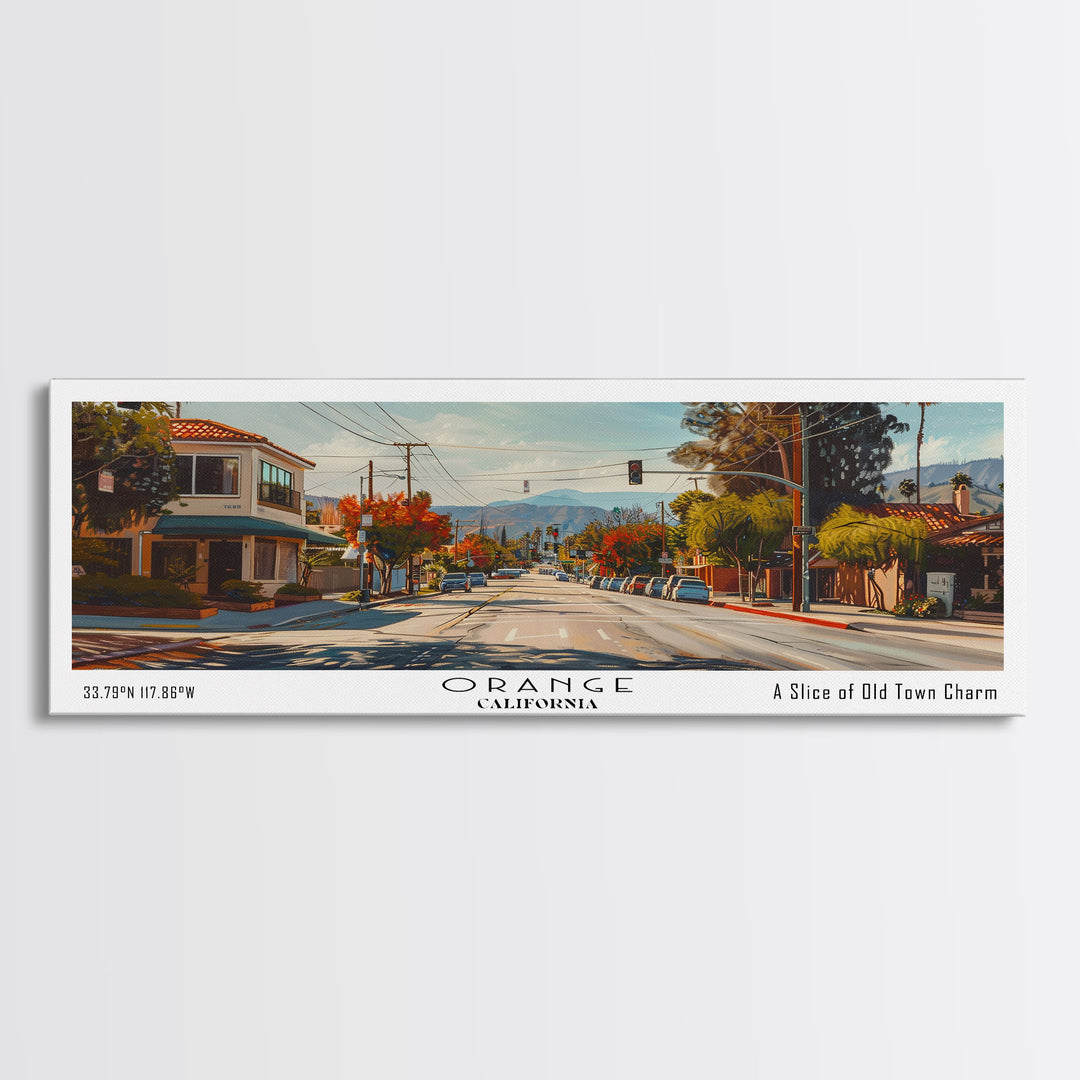 Orange California Panoramic Framed Canvas Print, Cityscape Watercolor Painting, Travel Poster for Home Decor, Urban Art, Unique Gift Idea