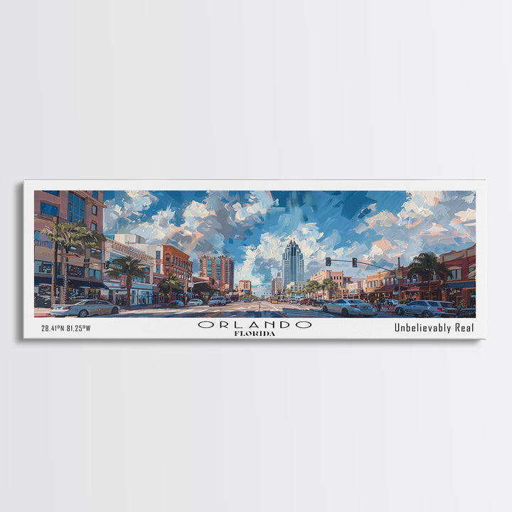 Orlando Florida Panoramic Painting, Framed Canvas Print, Beautiful Cityscape Watercolor Art, Travel Poster, Home Decor, Unique Gift Idea