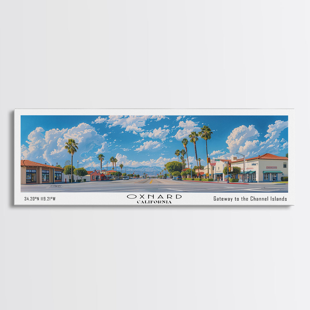 Oxnard California Panoramic Painting, Framed Canvas Print, Stunning Cityscape Watercolor Art, Travel Poster for Home Decor, Unique Gift Idea