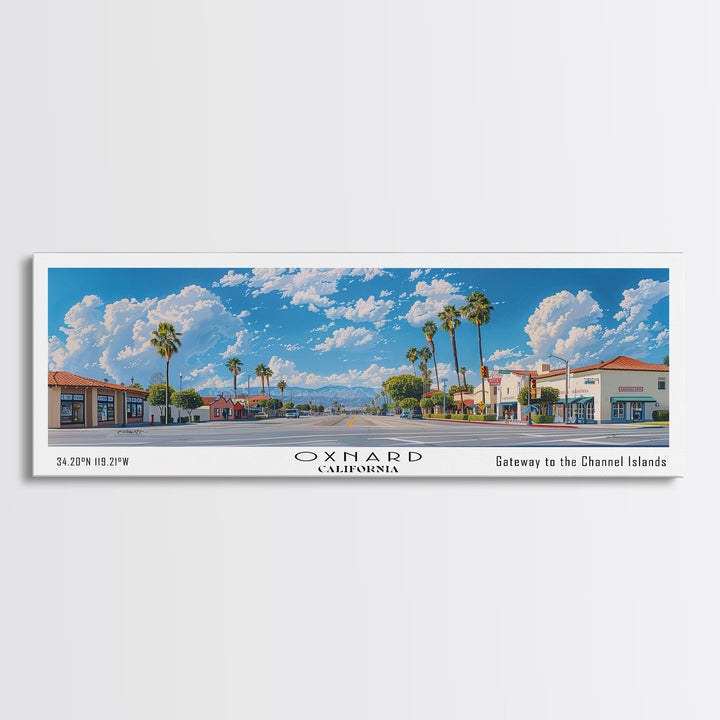 Oxnard California Panoramic Painting, Framed Canvas Print, Stunning Cityscape Watercolor Art, Travel Poster for Home Decor, Unique Gift Idea