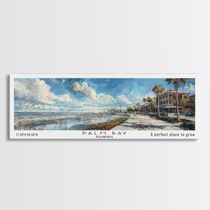 Palm Bay Florida Panoramic Framed Canvas Print, Watercolor Cityscape Art, Travel Poster, Home Decor, Urban Gift Idea, Living Room Art