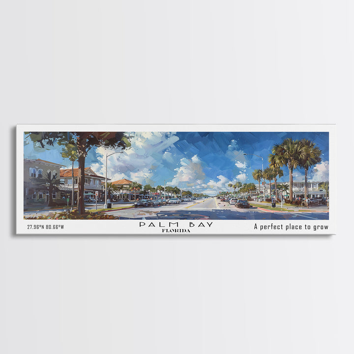 Palm Bay Florida Panoramic Painting, Framed Canvas Print, Beautiful Cityscape Watercolor Art, Travel Poster, Modern Home Decor, Unique Gift