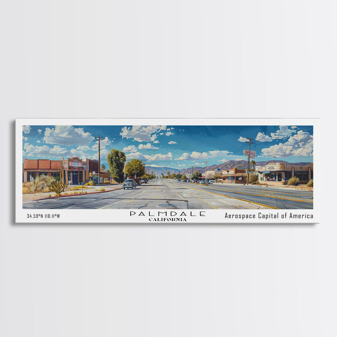 Palmdale California Panoramic Framed Canvas Print, Cityscape Watercolor Painting, Travel Poster for Home Decor, Urban Art, Unique Gift Idea