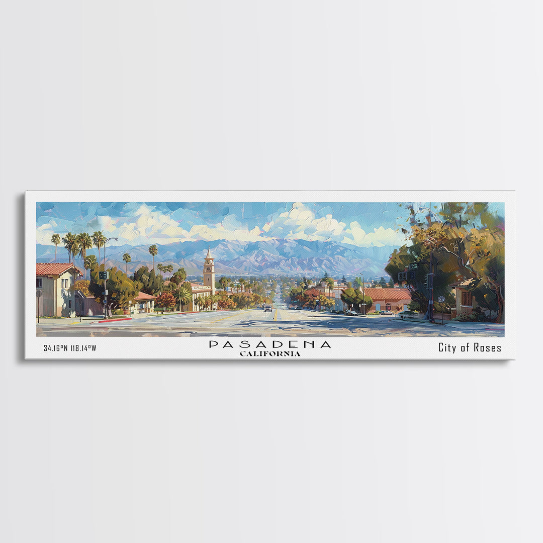 Pasadena California Panoramic Framed Canvas Print, Cityscape Watercolor Painting, Travel Poster, Home Decor, Urban Gift Idea, Office Wall Art
