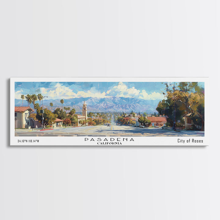 Pasadena California Panoramic Framed Canvas Print, Cityscape Watercolor Painting, Travel Poster, Home Decor, Urban Gift Idea, Office Wall Art