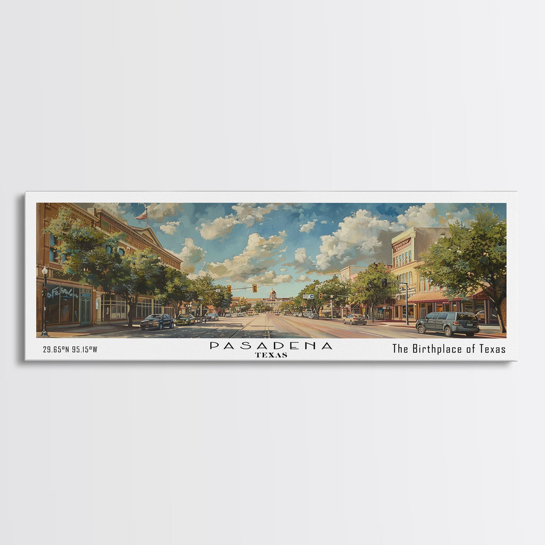 Pasadena Texas Panoramic Painting, Framed Canvas Print, Beautiful Cityscape Watercolor Art, Travel Poster for Home Decor, Unique Gift Idea