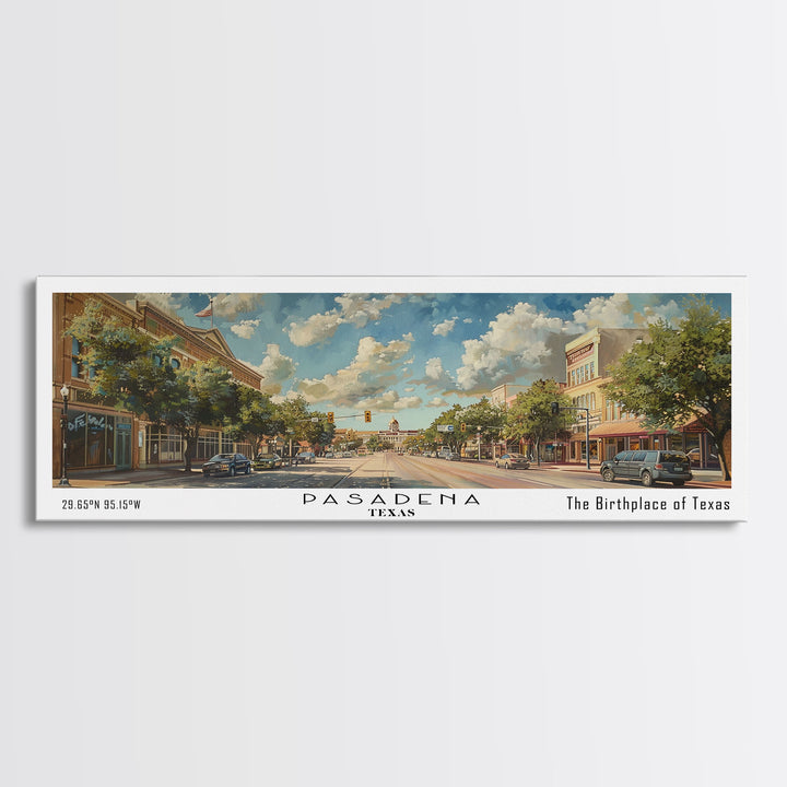 Pasadena Texas Panoramic Painting, Framed Canvas Print, Beautiful Cityscape Watercolor Art, Travel Poster for Home Decor, Unique Gift Idea