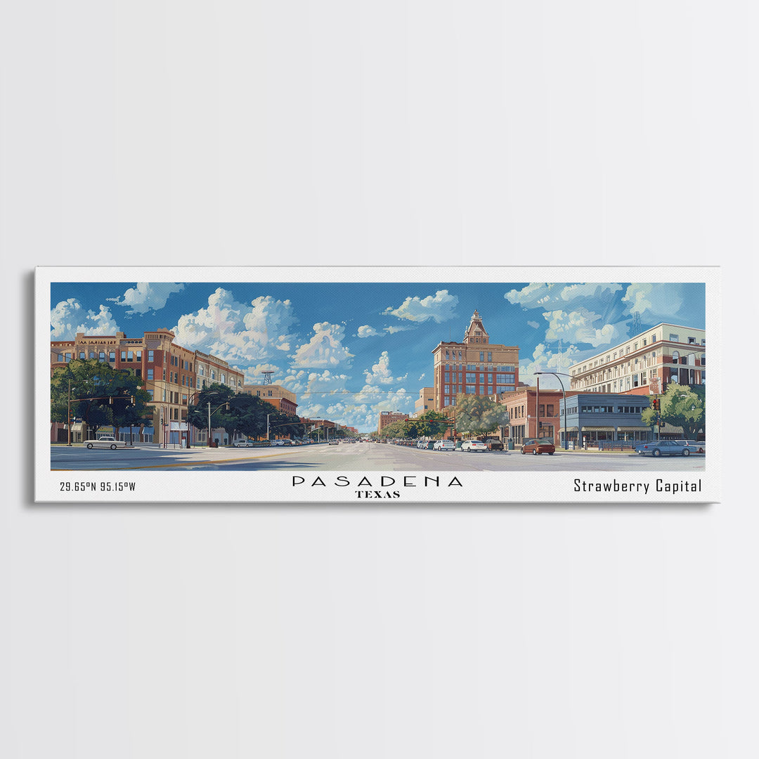 Pasadena Texas Panoramic Framed Canvas Print, Cityscape Watercolor Painting, Travel Poster, Modern Home Decor, Urban Gift Idea