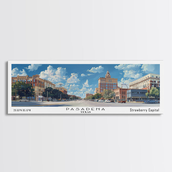 Pasadena Texas Panoramic Framed Canvas Print, Cityscape Watercolor Painting, Travel Poster, Modern Home Decor, Urban Gift Idea