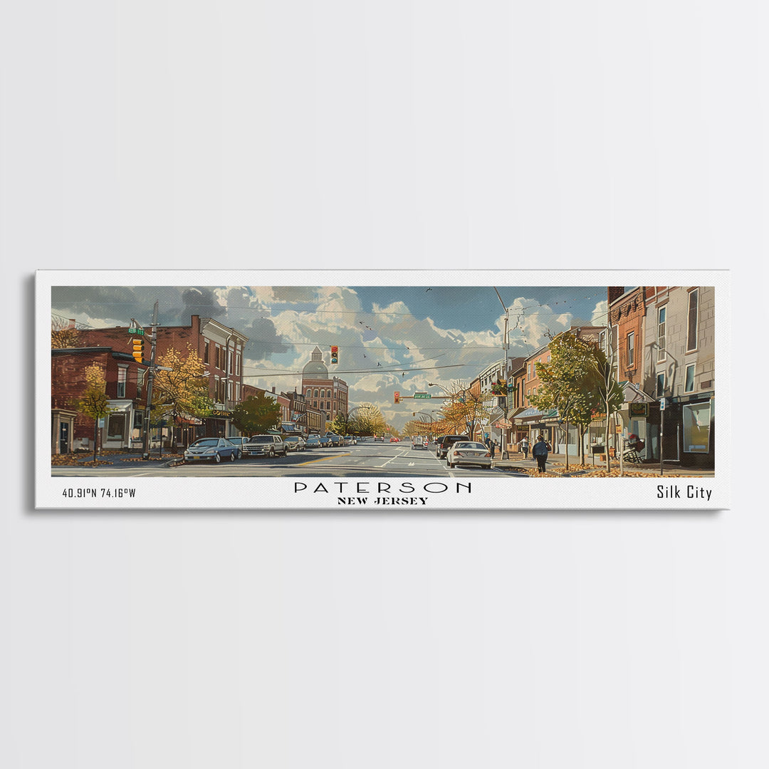 Paterson New Jersey Panoramic Painting, Framed Canvas Print, Stunning Watercolor Cityscape Art, Travel Poster for Home Decor, Unique Gift