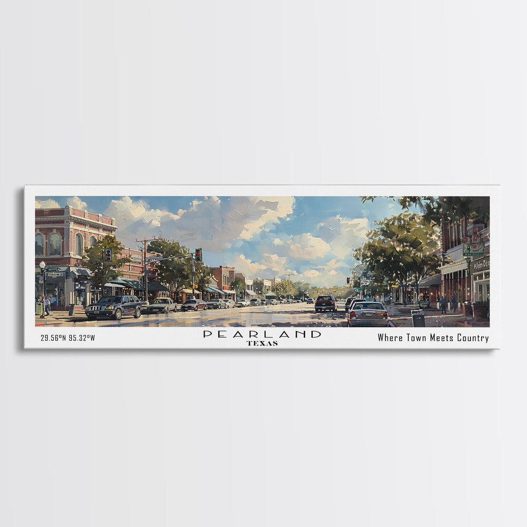 Pearland Texas Panoramic Framed Canvas Print, Cityscape Watercolor Painting, Travel Poster for Home Decor, Urban Art, Unique Gift Idea