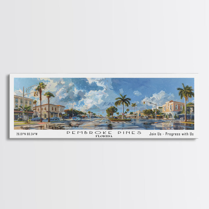 Pembroke Pines Florida Panoramic Painting, Framed Canvas Print, Beautiful Cityscape Watercolor Art, Travel Poster, Modern Home Decor