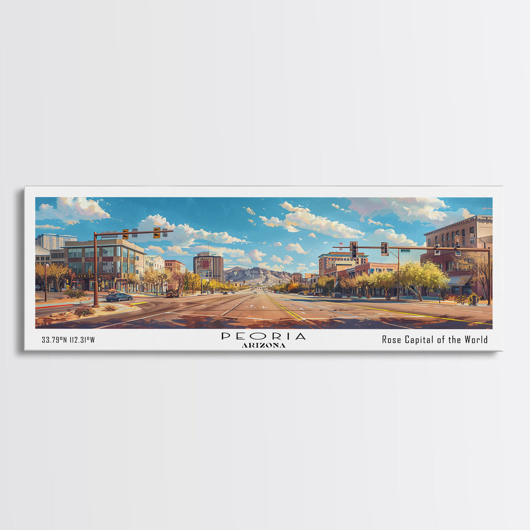 Peoria Arizona Panoramic Framed Canvas Print, Watercolor Cityscape Art, Travel Poster, Home Decor, Urban Gift Idea, Living Room Art