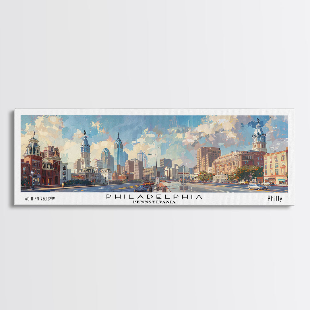 Philadelphia Pennsylvania Panoramic Painting, Framed Canvas Print, Stunning Cityscape Watercolor Art, Travel Poster, Modern Home Decor